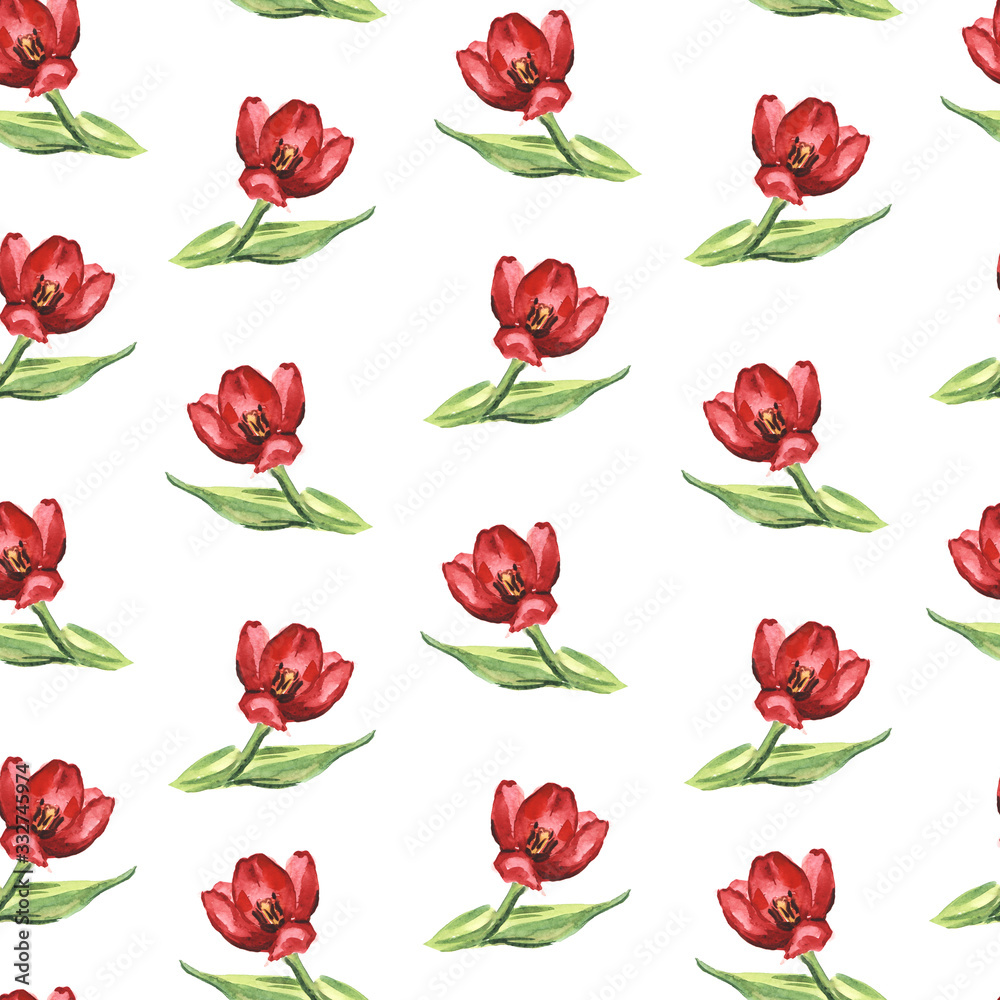 Watercolor seamless pattern with red tulips.