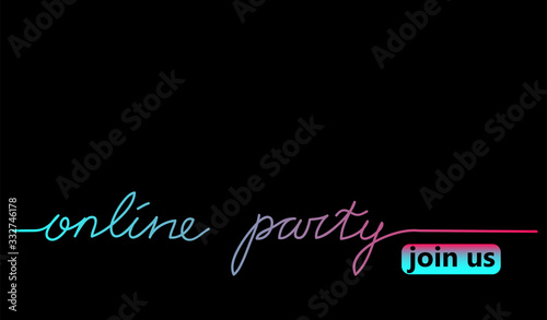 Online party black web banner, background with tiktok colors. Lettering Online concert and join button. Minimalist black poster for tik tok.