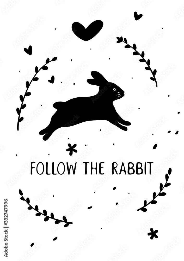 Fototapeta premium Black and white postcard with cute bunny
