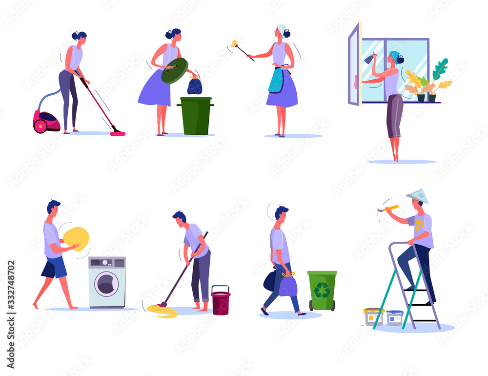 Cleaning and housekeeping set. Woman removing trash, washing window, man moping floor. People concept. illustration for topics like household, service, clean-up