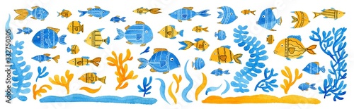 Set of watercolor fish and plants for background, postcard, cover, wallpaper, flyer, banner. Hand drawn cute inhabitants of the sea for holiday, party. Cartoon collection marine life for design
