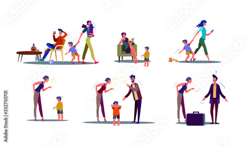 Toxic parents illustration set. Parents rowing, drinking alcohol, getting divorced, shouting at child. Family concept. illustration for topics like problem, childhood, conflict