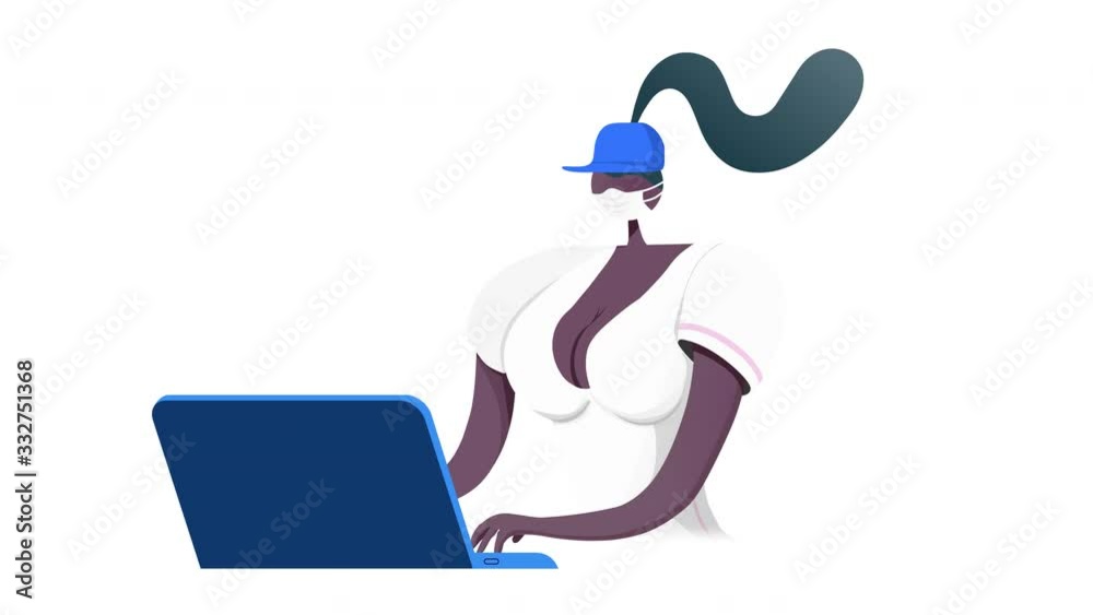 Seamless loop. A quarantined african worker sits at a computer and types on the keyboard. Staying home with self quarantine. Protect from viruses. Coronavirus Prevention. Pandemic. Epidemic. Seamless loop. A quarantined african worker sits at a computer and types on the keyboard. Staying home with self quarantine. Protect from viruses. Coronavirus Prevention. Pandemic. Epidemic.