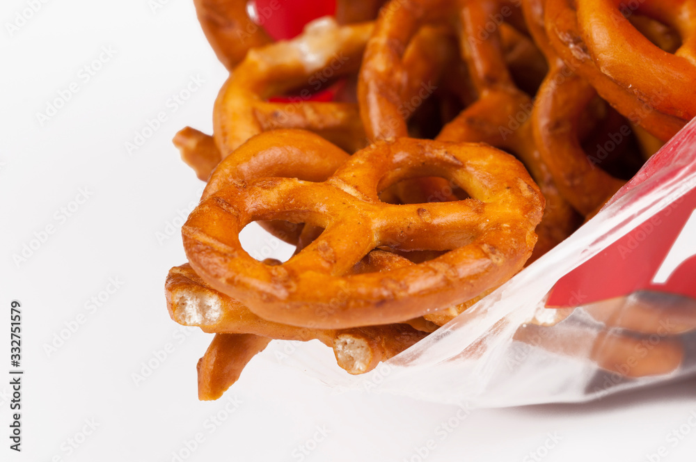Salt pretzels isolated on white background.Copy space Salt pretzels isolated on white background.Copy space