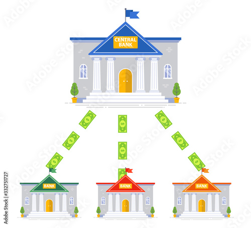 cash circulation scheme between banks. central bank building. flat vector illustration.
