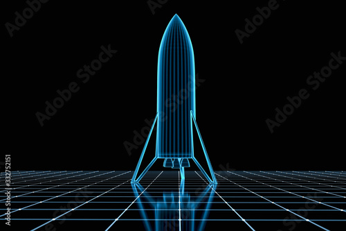 a virtual rocket on a grid (3d rendering)