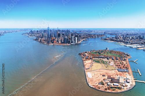Aerial view on Governors Island and Manhattan NYC
