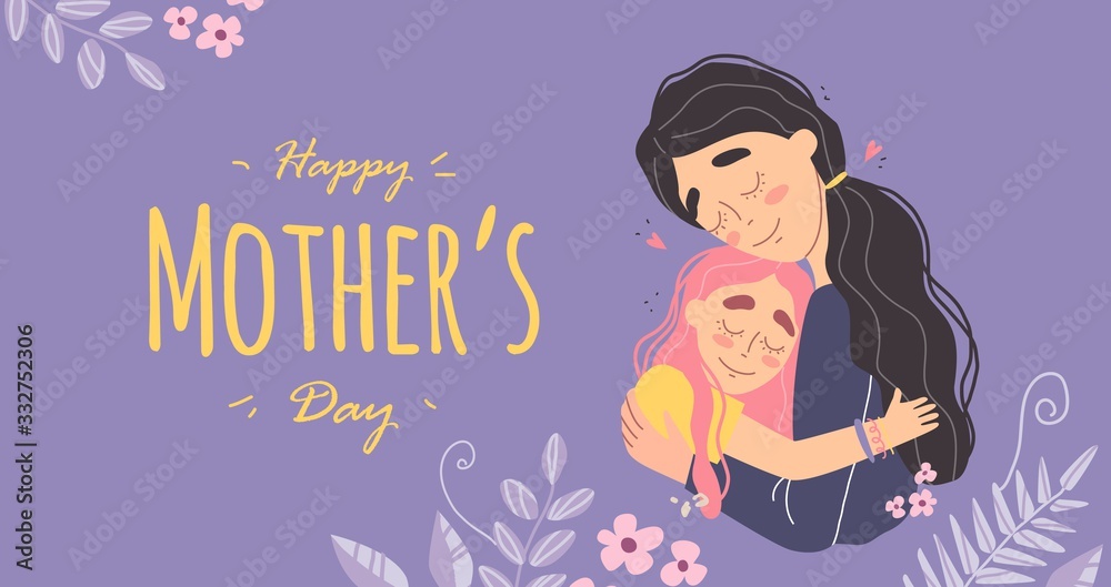 Mothers day greeting card, Mom and girl are smiling and hugging Mothers day greeting card, Mom and girl are smiling and hugging