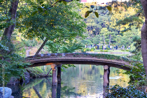 Wooden bridge in the Japanese style garden