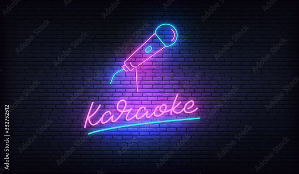 Karaoke neon billboard. Neon sign with microphone and Karaoke lettering