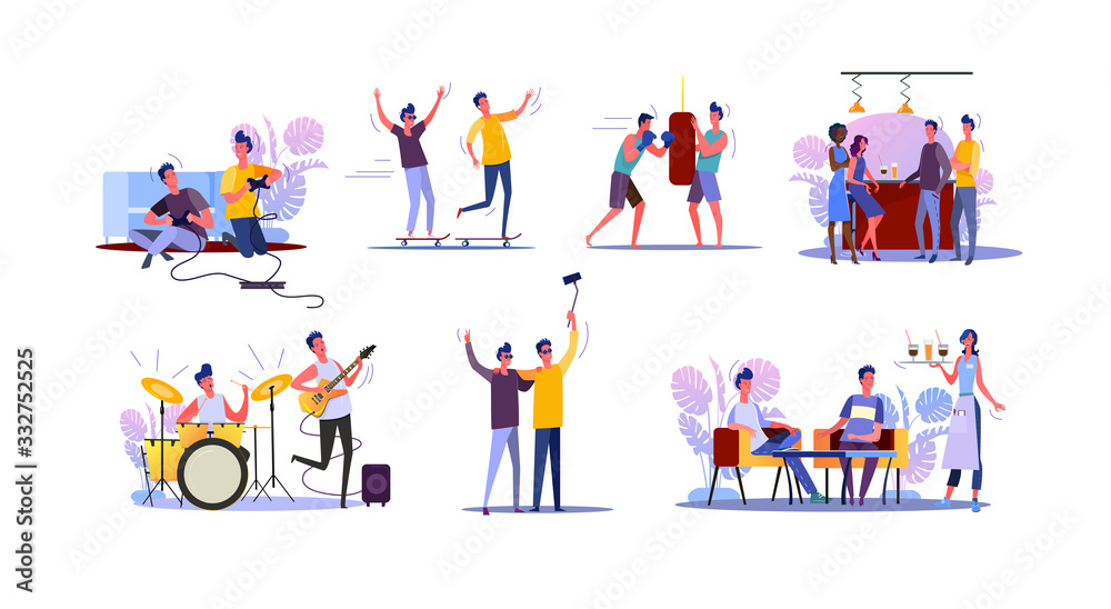 Male friends spending time together set. Two guys playing video game, guitar, boxing, drinking in bar. Flat illustrations. Friendship concept for banner, website design or landing web page