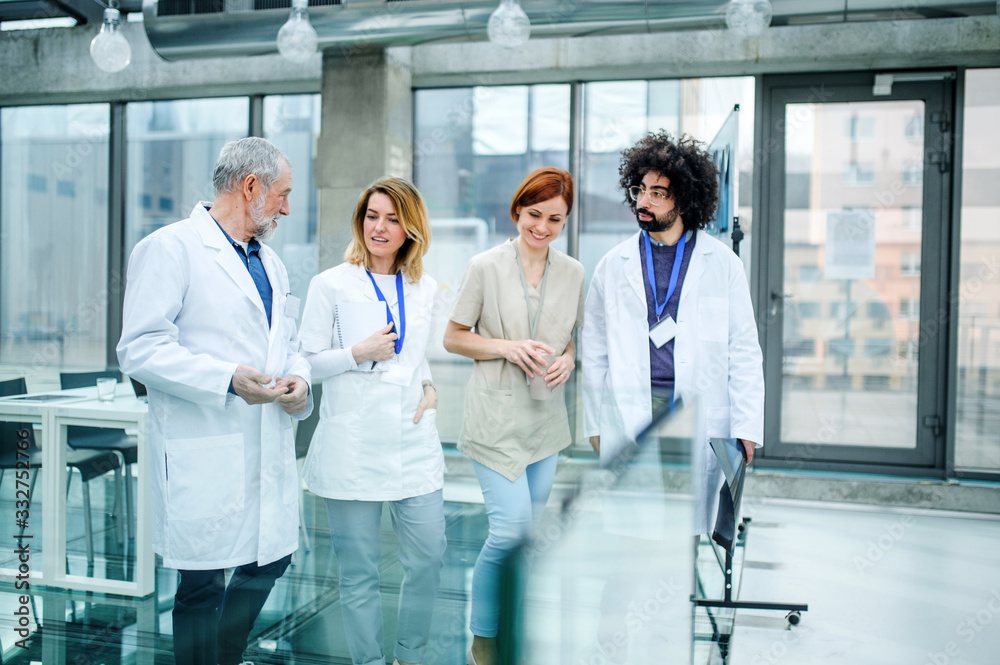 Obraz premium Front view of group of doctors walking in corridor on conference.