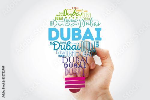 Dubai light bulb word cloud, travel concept background photo