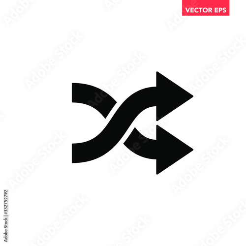 Black shuffle crossed arrows flat design icon, 2 way mixed arrows, interface concept elements app ui ux web button logo, modern graphic glyphs flat design vector eps 10 isolated on white background