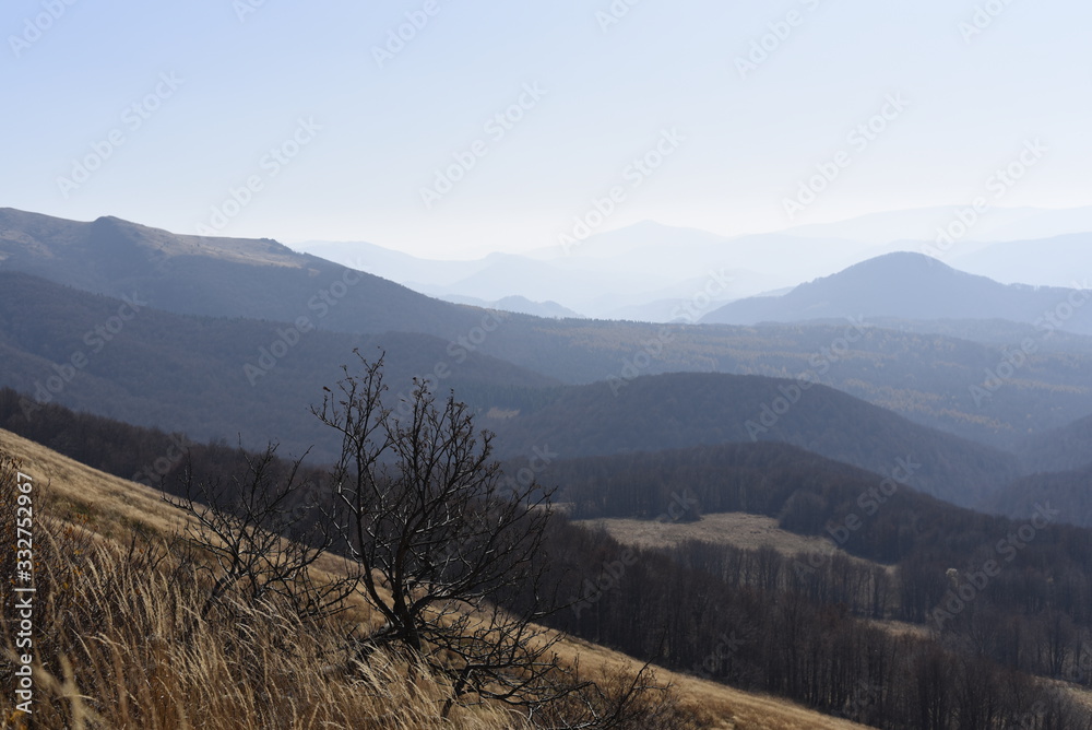 Bieszczady Mountain park with top view in high sun Bieszczady Mountain park with top view in high sun
