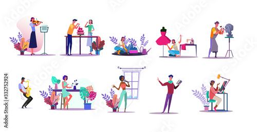Vocation illustration set. People playing violin, sewing, gardening, cooking cake. Creativity concept. illustration for topics like hobby, occupation, lifestyle