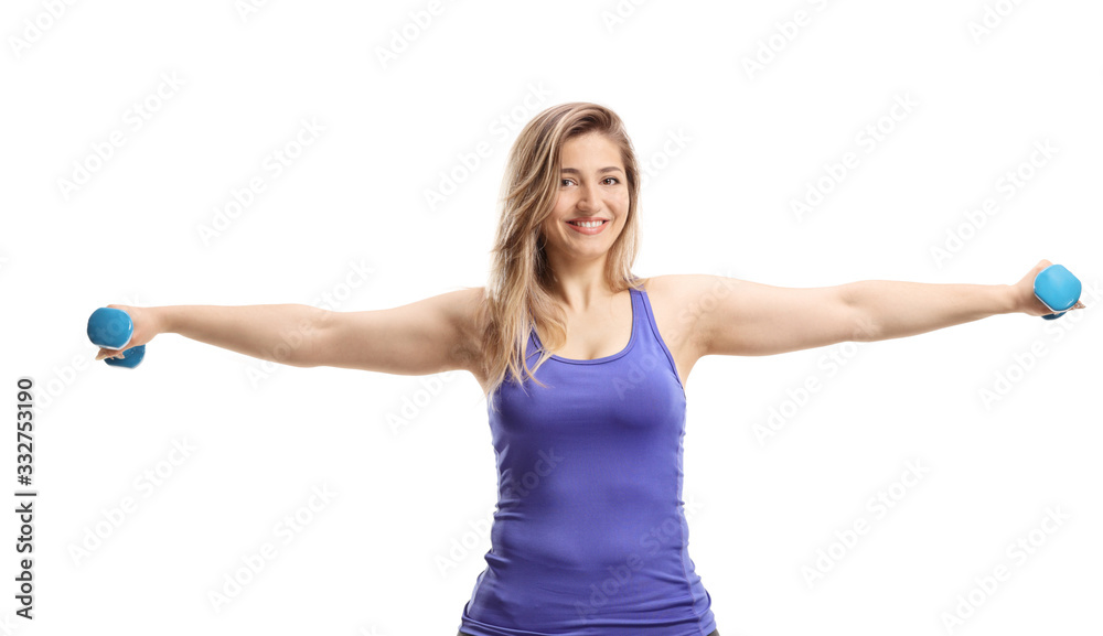Young woman exercising arms with dumbbells Young woman exercising arms with dumbbells