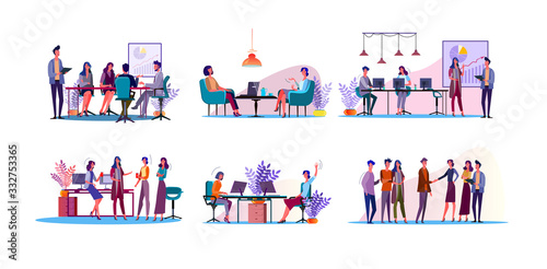Fototapeta Naklejka Na Ścianę i Meble -  Corporate discussion illustration set. Colleagues meeting at table, discussing project at workplaces. Communication concept. illustration for topics like business, partnership, teamwork
