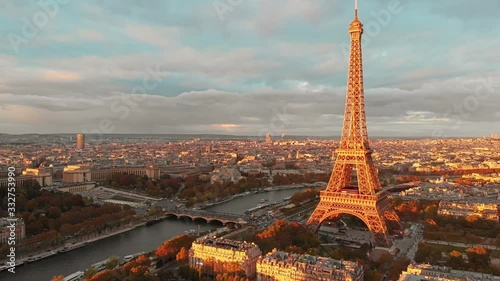 Aerial close up view of Paris Eiffel Tower Tour de Eiffel and panoramic view over Seine River and Paris city attractions at sunset  photo