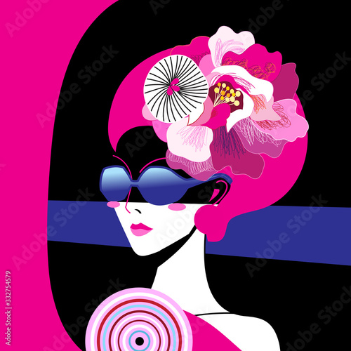 Beautiful graphic retro style girl portrait on bright background