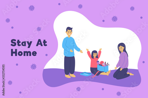 Coronavirus Covid-19, I stay at home awareness and coronavirus prevention. Family staying at home, They smile and stay together. Family staying at home in self quarantine, protection from virus.