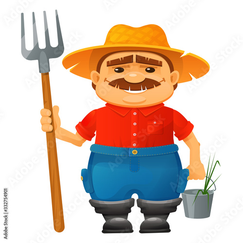 Farmer character. Happy smiling farmer holds a pitchfork and a pail.