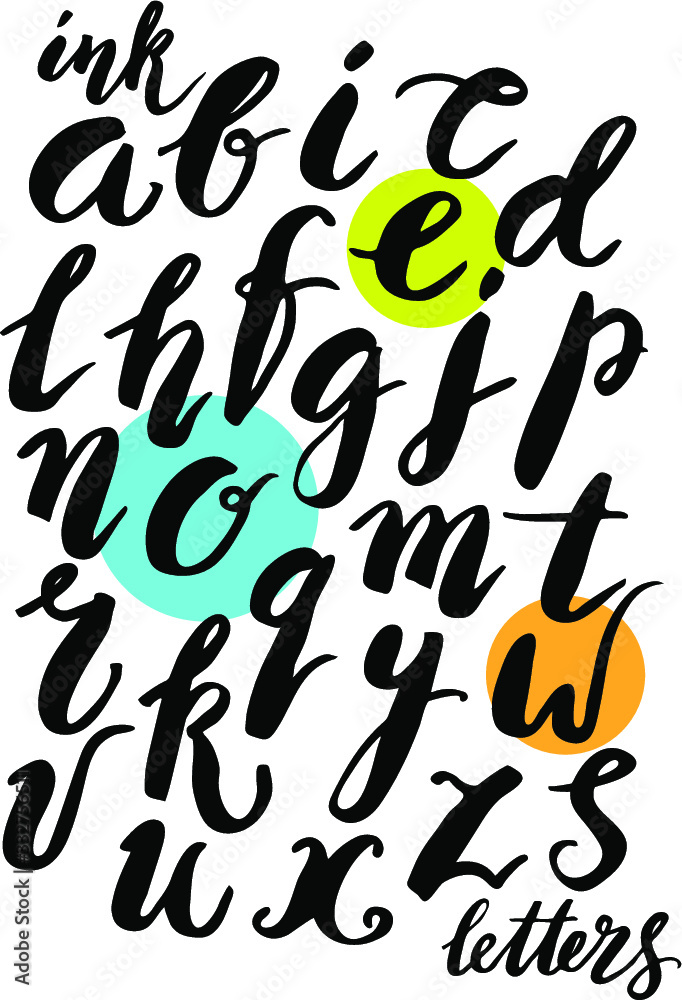 Fototapeta Set of hand drawn ink letters alphabet. English lowercase brush script font. Vector lettering design.