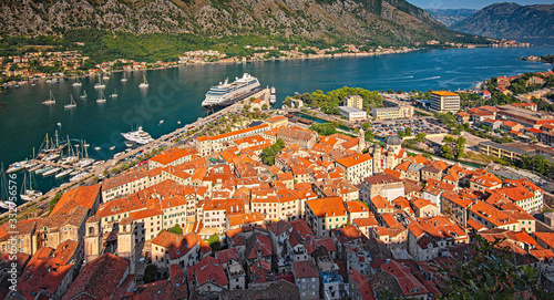 View on Kotor Bay with the medieval castle and with ships