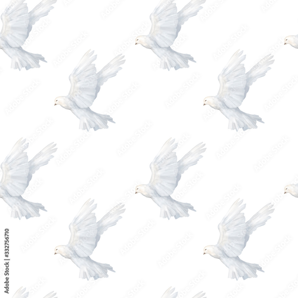Obraz premium Hand drawn dove peace seamless pattern Watercolor illustration on white background