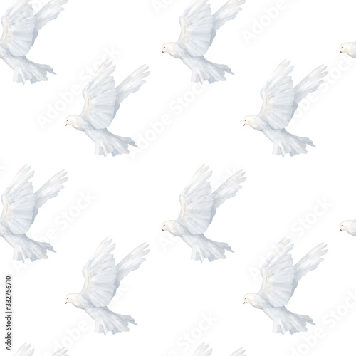 Hand drawn dove peace seamless pattern Watercolor illustration on white background