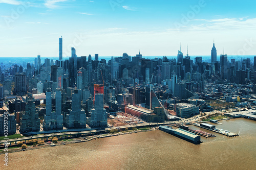 Manhattan downtown panorama over East River NY USA