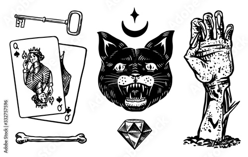 Mystical boho elements. Witchcraft astrological set. Esoteric alchemy occult sketch for tattoo. Black witch cat, hand of the dead, playing cards, fortune telling. Drawn Engraved vector illustration.