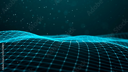 Abstract dynamic wave of points and lines. Big data. Network of particles. Digital background. 3d rendering.
