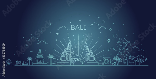 Bali travel banner with famous landmarks. Vector illustration