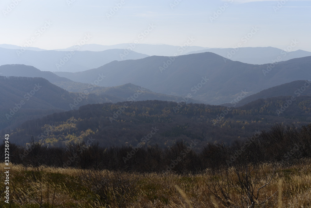 Bieszczady Mountain park with top view in high sun