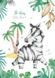 Zebra baby shower card with jungle leaves and palm background. Hand drawn watercolor cartoon cute animal