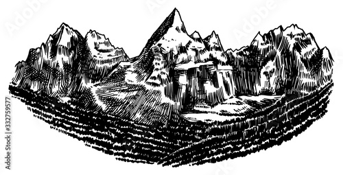 Alps Mountains. Chamonix-Mont-Blanc peaks. Vintage rock, old highlands range. Hand drawn vector outdoor sketch in engraved style. Hiking card, climbing banner, tattoo or label.
