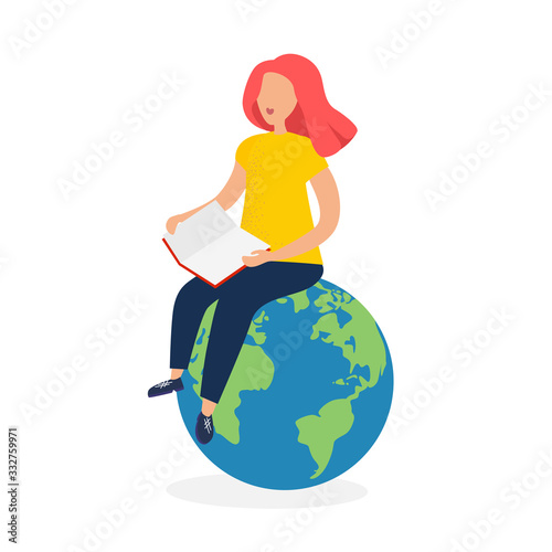 Cute girl sits on planet earth and reads a book. Relaxation. Caring for the environment. Training. Exploring our world. She is very smart. Modern vector illustration.