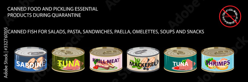 Set of icons of essential foods. Fish and seafood staples for emergency situations and quarantine. Vector Illustration