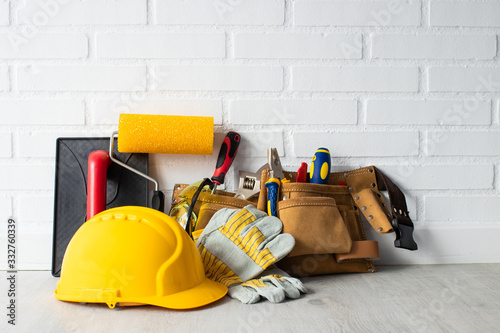 construction worker helmet with tools