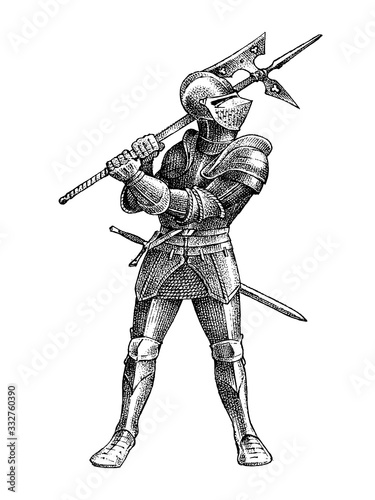 Medieval armed knight. Historical ancient military character. Prince with Battle axe. Ancient fighter. Vintage vector sketch. Engraved hand drawn illustration.