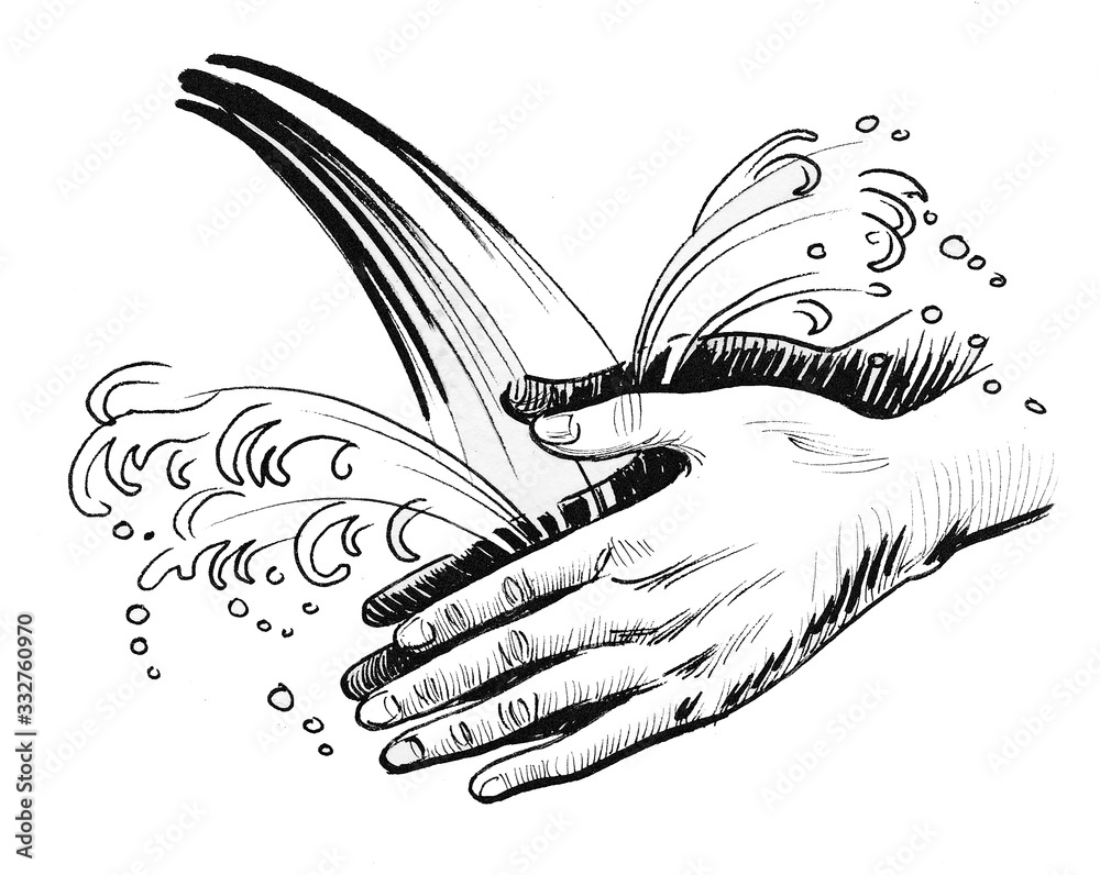 Hand washing in running water. Ink black and white drawing Stock