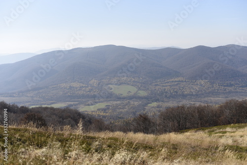 Bieszczady Mountain park with top view in high sun