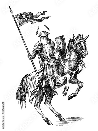 Medieval armed knight. Historical ancient military character. Prince with a spear and a flag. Ancient fighter. Vintage vector sketch. Engraved hand drawn illustration.
