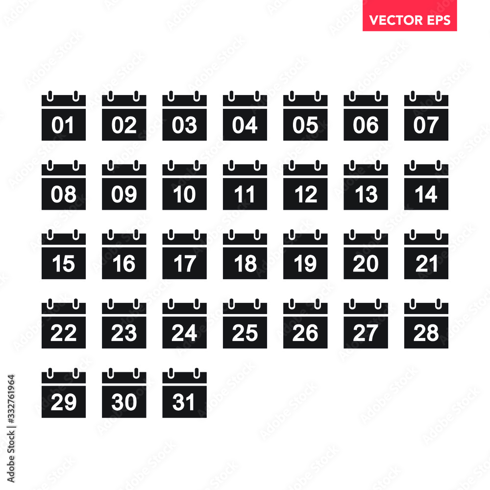 Black set of calendar icons from 1 to 31. Simple date planner flat ...