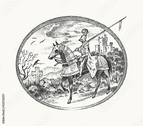 Medieval armed knight riding a horse. Historical ancient military character. Prince with a sword and shield. Ancient fighter. Vintage vector sketch. Engraved hand drawn illustration.