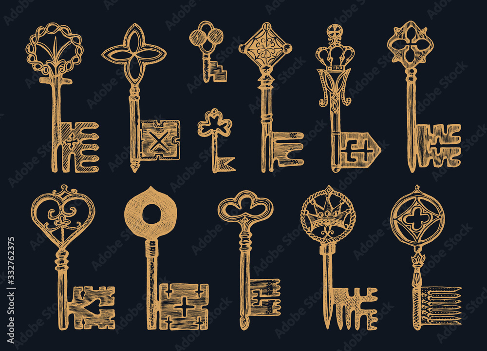 Victorian keys. Medieval Gothic locks set. The device for opening the door. Antique elements to blocking. System of security. Vintage vector sketch. Engraved hand drawn illustration. Victorian keys. Medieval Gothic locks set. The device for opening the door. Antique elements to blocking. System of security. Vintage vector sketch. Engraved hand drawn illustration.