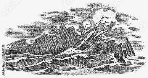 Sinking ship at sea. Ocean storm, strong waves. Vintage engraved monochrome sketch. Historic seascape. Vector illustration for banner or poster. Boat trip or vessel voyage.