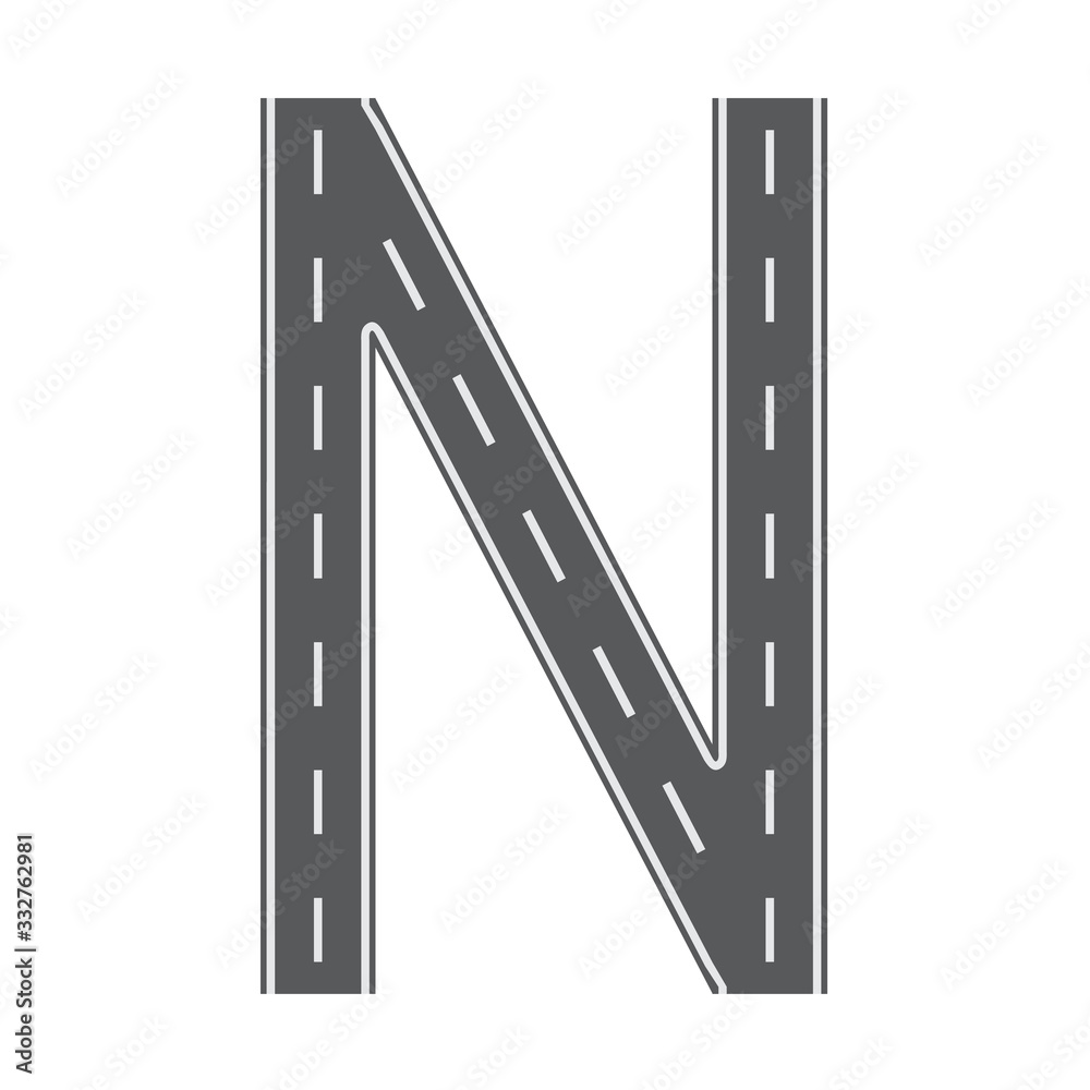 N letter for Road or street font. Flat and solid color vector illustration.
