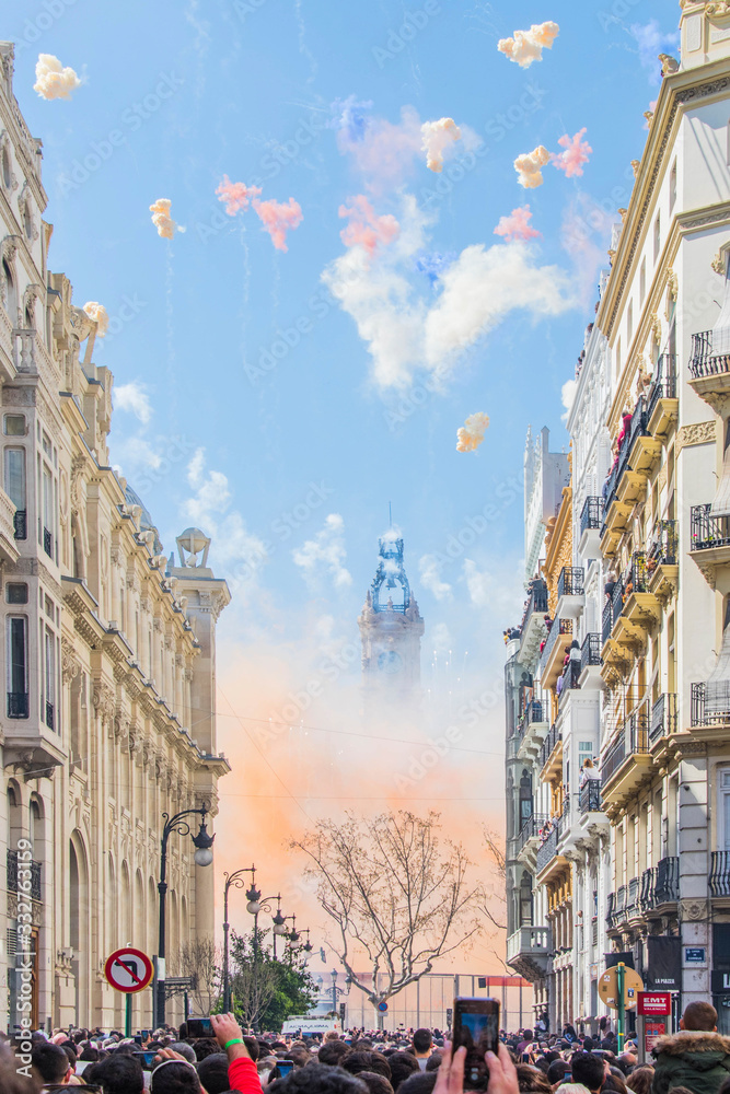 Valencia, Spain - March 19, 2019: Fireworks fired in a Mascleta Fallas during the day